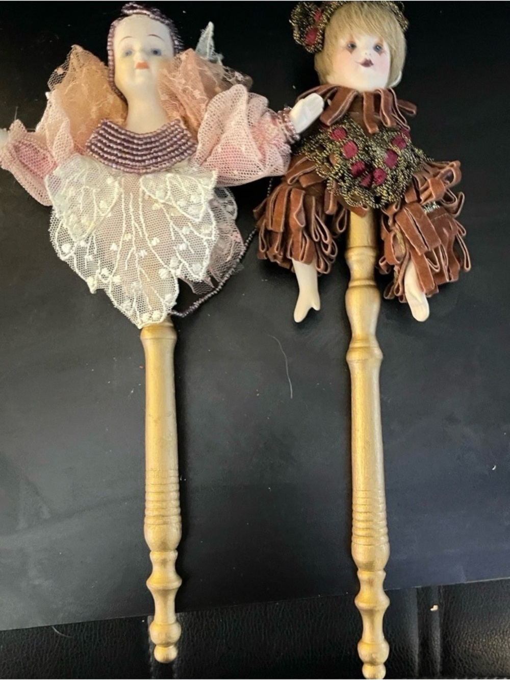 2 Vintage Kurt Adler Louis Nichole Doll Stick Christmas Ornaments 1985